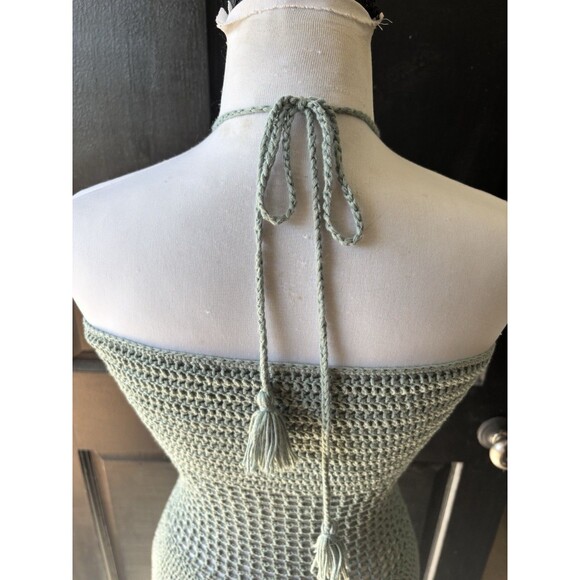 Sexy Open Knit Crochet Festival Boho Swim mini Halter Dress Coverup Teal Green - Picture 5 of 11